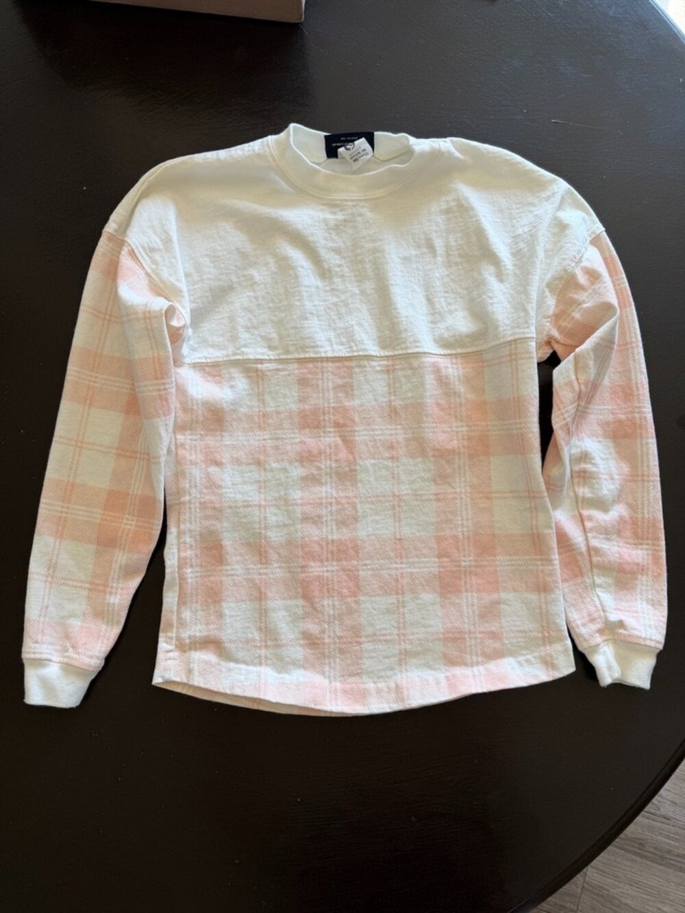 NWOT Spirit Jersey Pink Plaid Colorblock Crewneck Long Sleeve Shirt Size Small